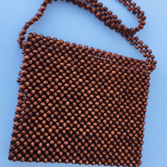 Vintage Hand Made Brown Wood Beaded Evening Shoulder Handbag Long Strap Bag - Picture 10 of 12